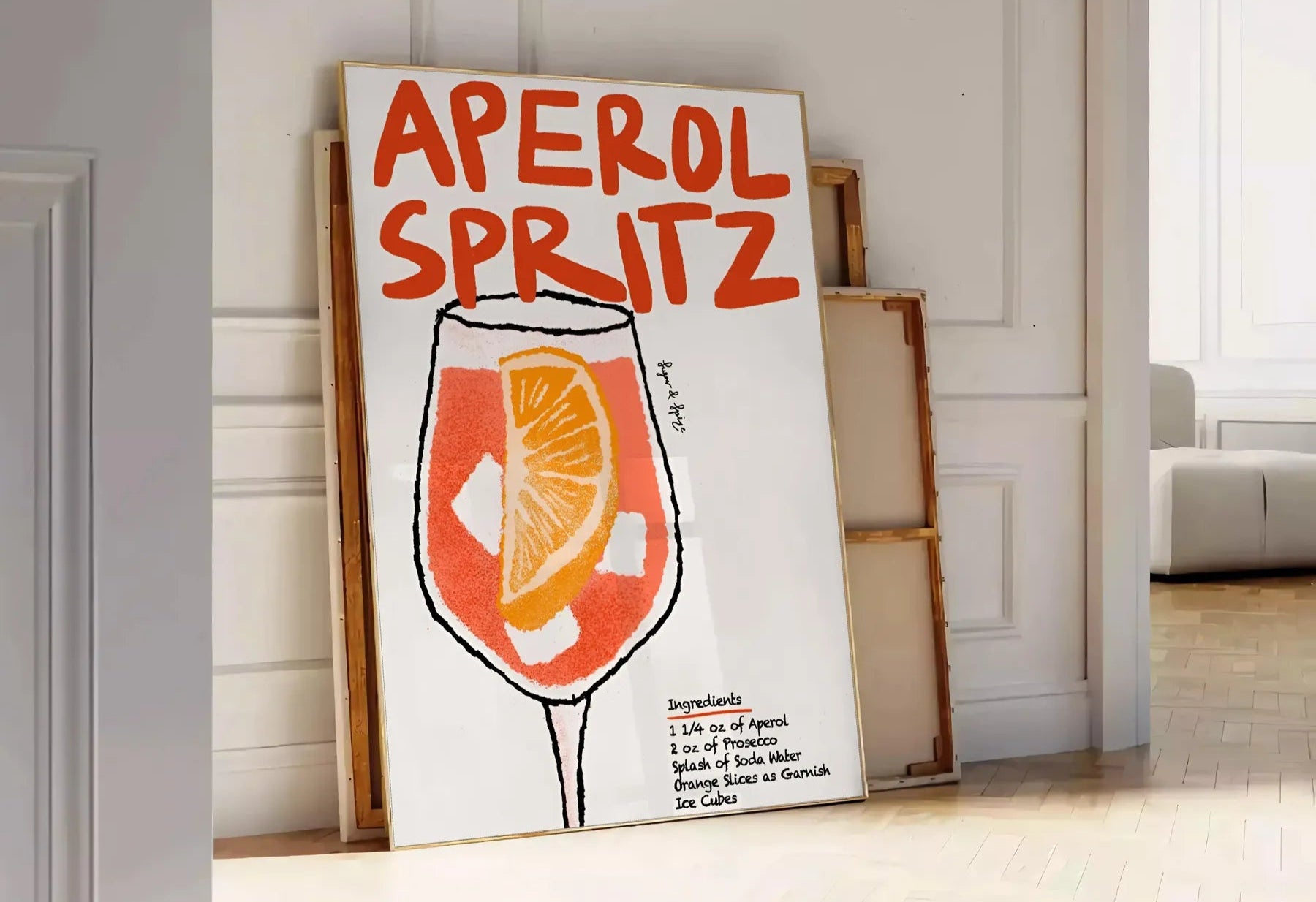 space vibrant Aperol Spritz cocktail poster bold orange sleek black hues wall art lovers unique gift size A4 cm A0 room stunning artwork
