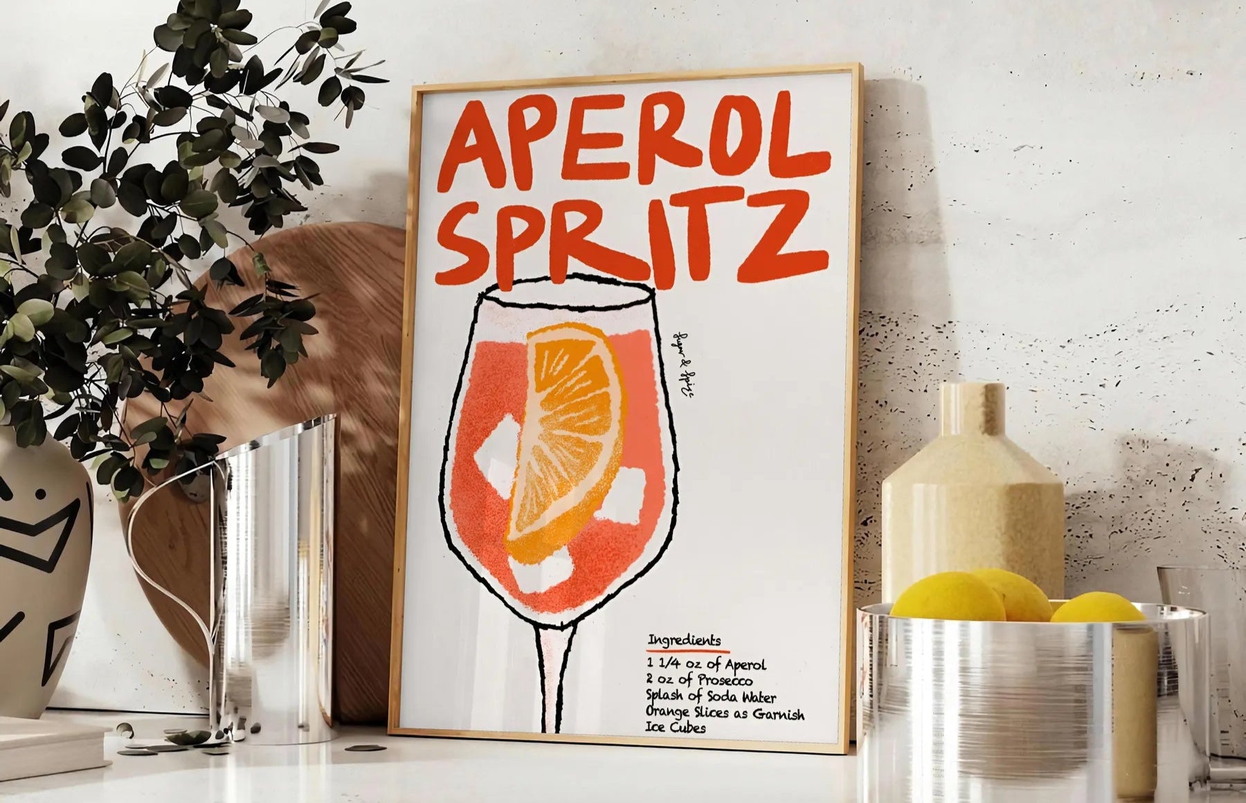 space vibrant Aperol Spritz cocktail poster bold orange sleek black hues wall art lovers unique gift size A4 cm A0 room stunning artwork