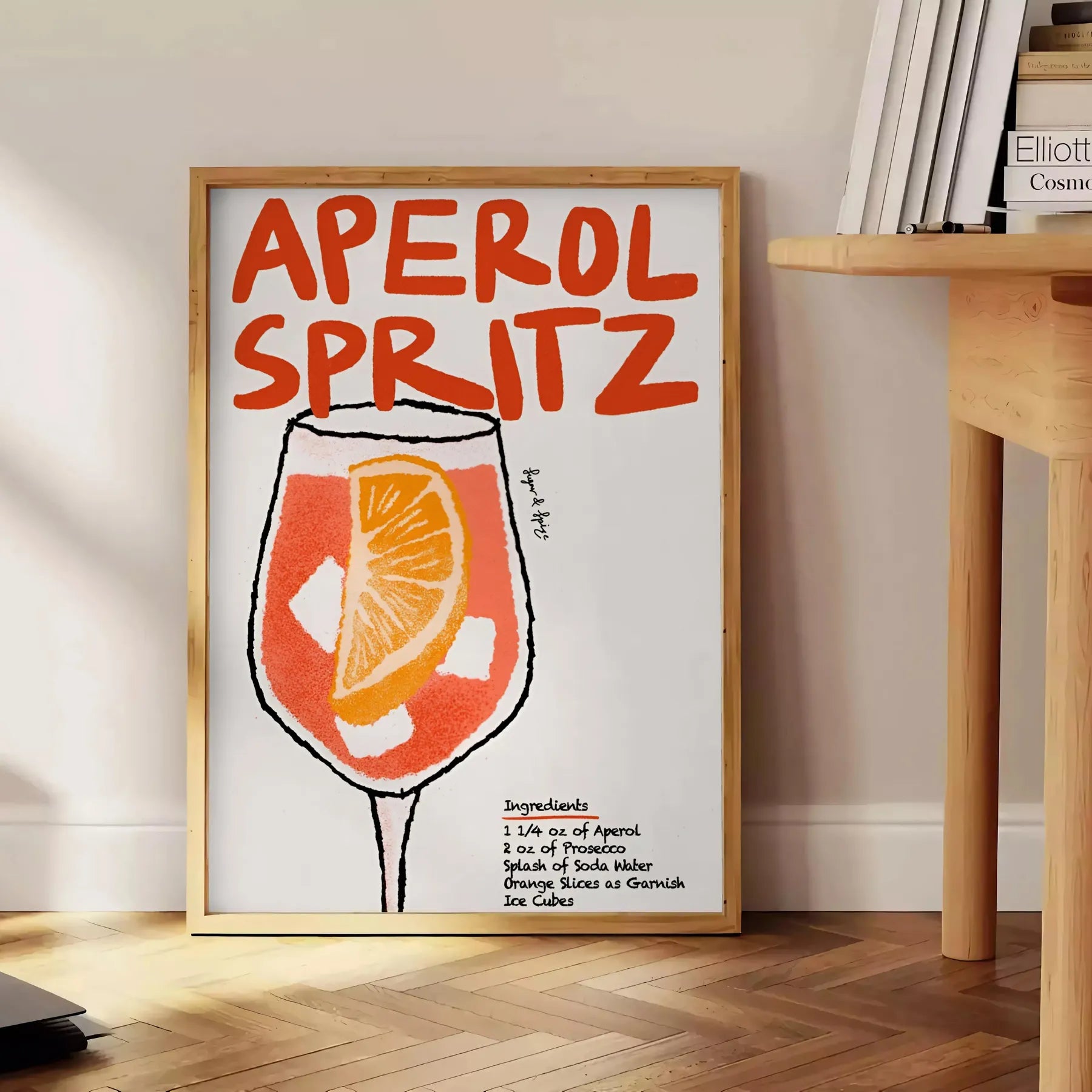 space vibrant Aperol Spritz cocktail poster bold orange sleek black hues wall art lovers unique gift size A4 cm A0 room stunning artwork