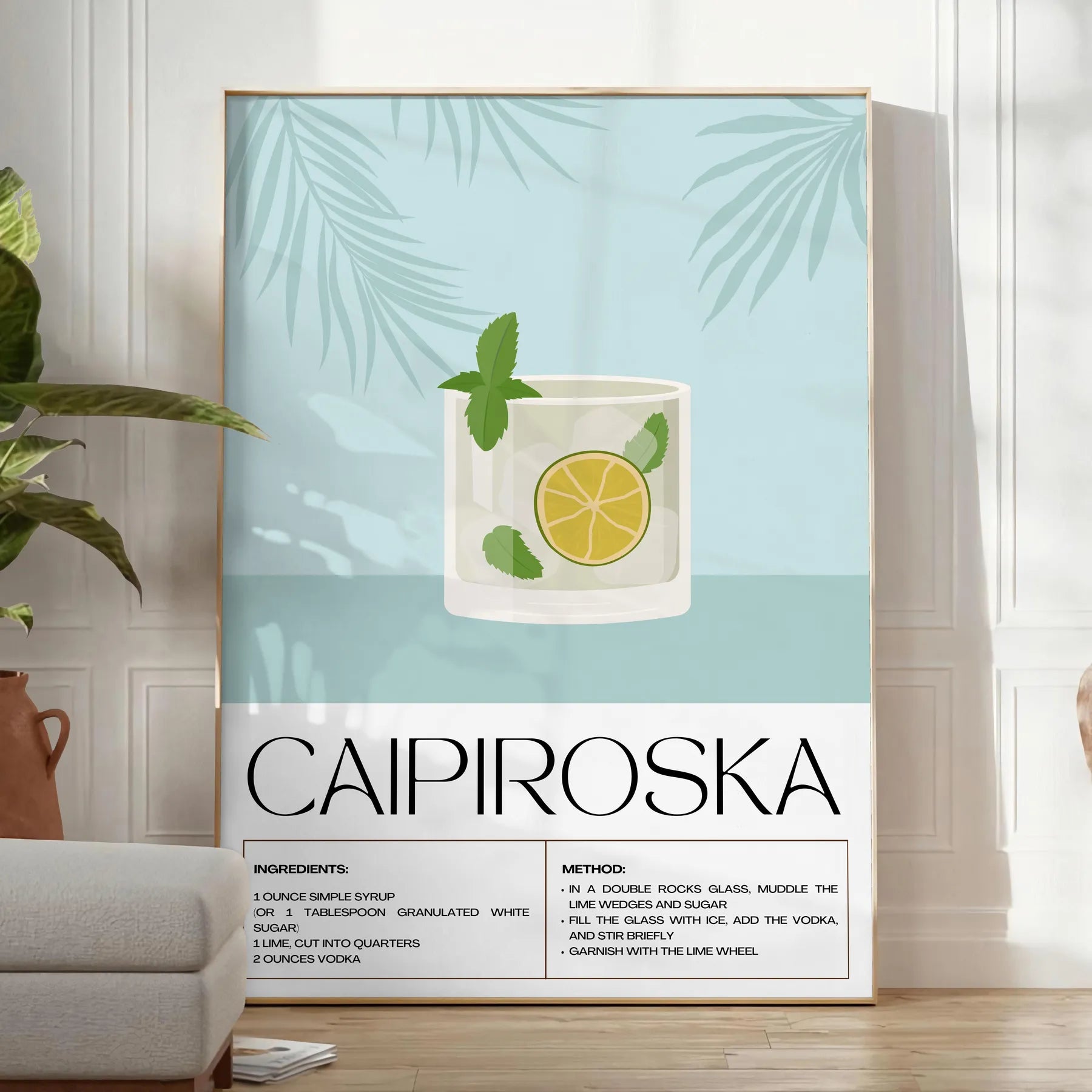 space stunning Caipiroska Cocktail Poster vibrant green hues sleek black background captivating wall art perfect gift enthusiasts chic addition room standalone print