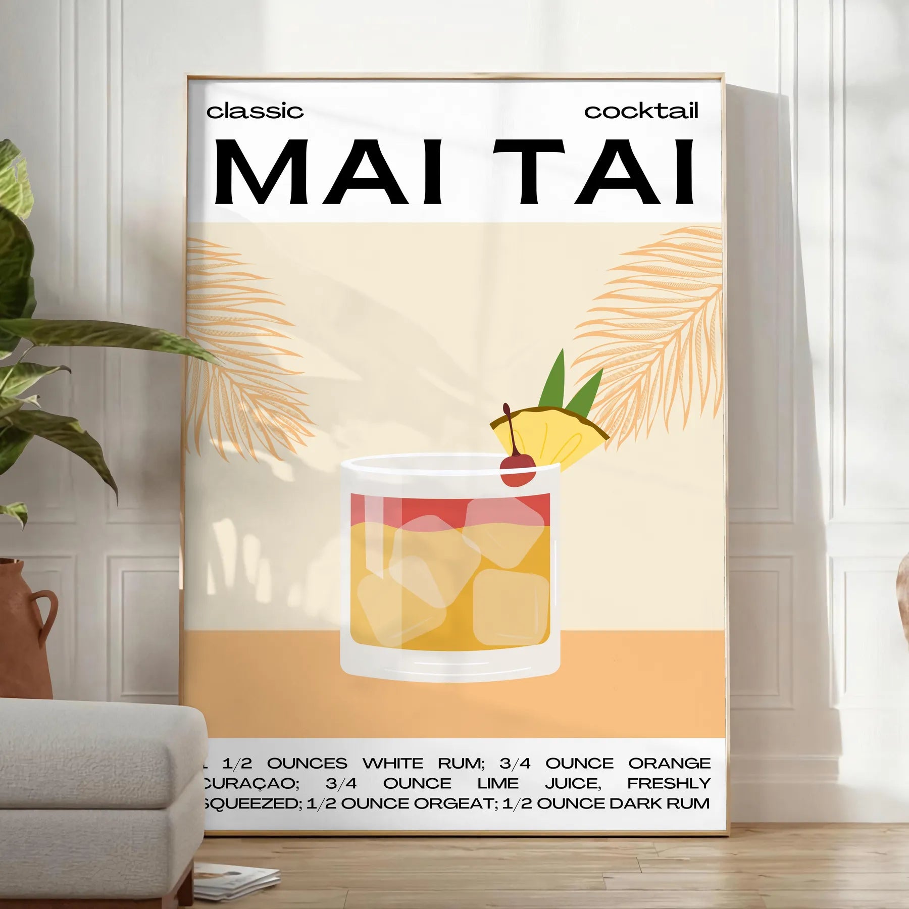 space stunning Mai Tai cocktail poster vibrant yellow black hues eye artwork tropical touch room gift personal wall art statement sizes A4 cm A0