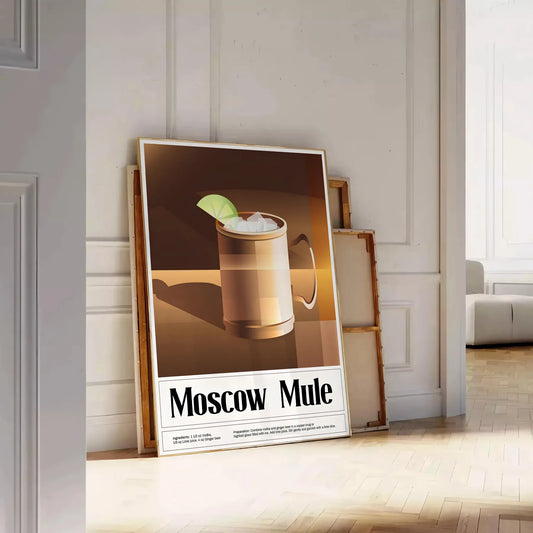 space stylish Moscow Mule cocktail poster vibrant greens sleek black backdrop kitchen wall art unique gift lovers framed frameless options home bar dining area